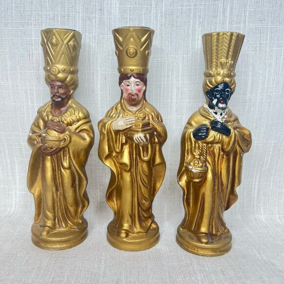 Vintage Mid Century 3 King Candle Holder Painted Plaster Wisemen Christmas Decor - Picture 3 of 13